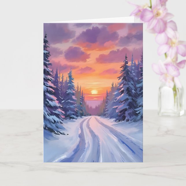 Snow Sunset | Winter Mountain Landscape Card (Orchid)