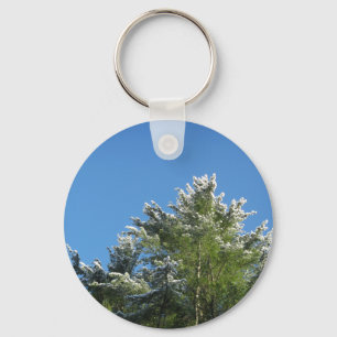 Snow-tipped Pine Tree on Blue Sky Keychain