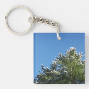 Snow-tipped Pine Tree on Blue Sky Keychain
