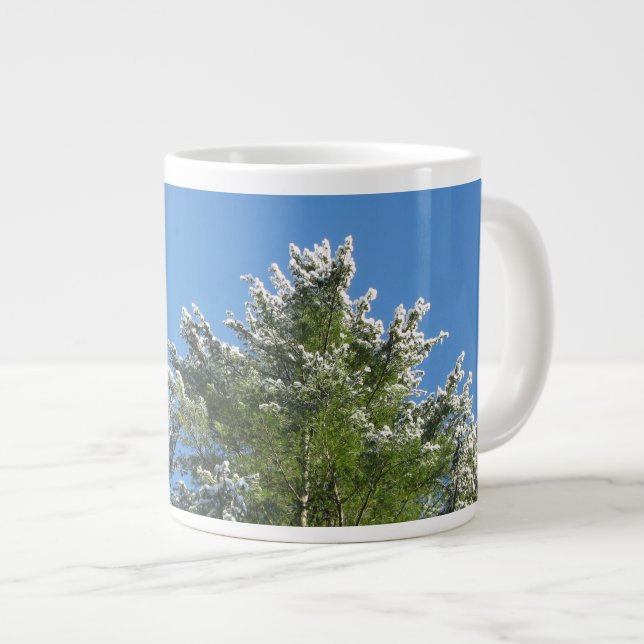 Snow-tipped Pine Tree on Blue Sky Large Coffee Mug (Front Right)