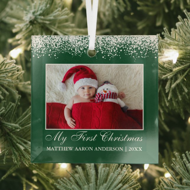 Snow Top My First Christmas Baby Photo Green Glass Ornament (Insitu)