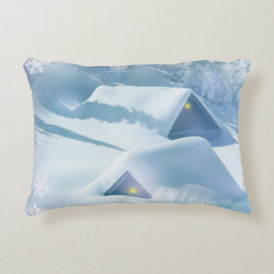 Snow topped roof in a forest accent pillow