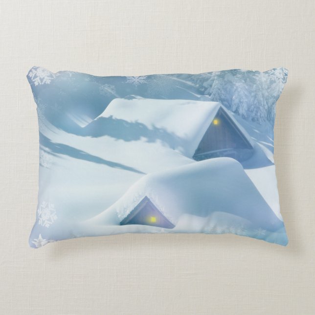 Snow topped roof in a forest accent pillow (Front)