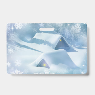 Snow topped roof in a forest badge