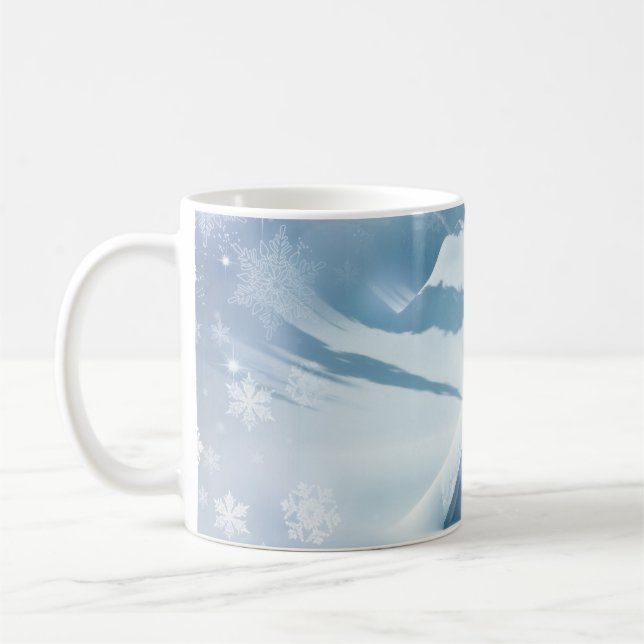 Snow topped roof in a forest coffee mug (Left)