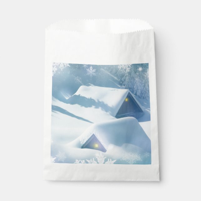 Snow topped roof in a forest favour bag (Front)