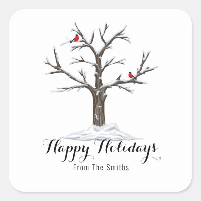 Snow Tree And Red Birds Christmas Happy Holidays Square Sticker (Front)