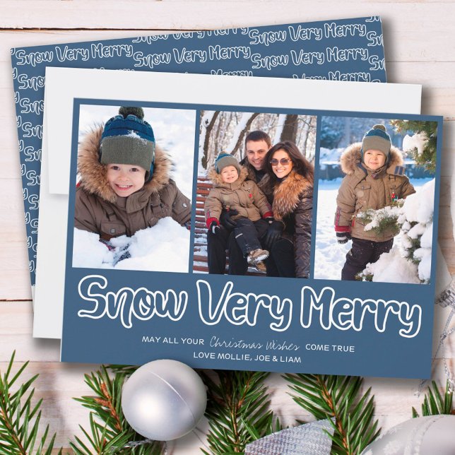 Snow Very Merry Outline Lettering 3 Vertical Photo Holiday Card (Creator Uploaded)