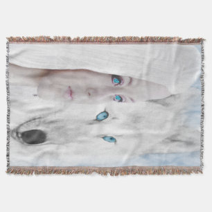 Snow White Wolf Lady Blue Eyes Throw Blanket