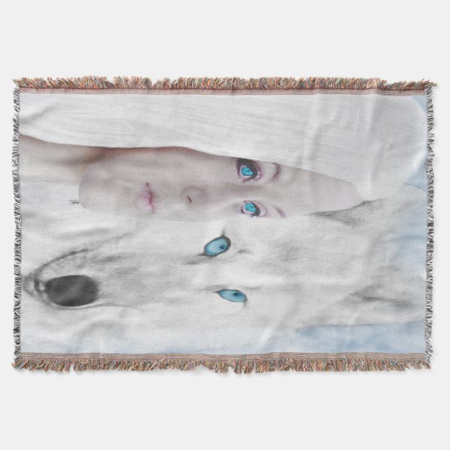 Snow White Wolf Lady Blue Eyes Throw Blanket (Front)
