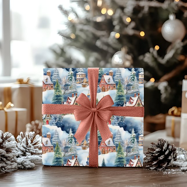 Snow Winter Bavarian Village Christmas Holiday Wrapping Paper (Snowy Winter Wonderland Bavarian Village Landscape Christmas Holiday Blue | Multi Wrapping Paper)