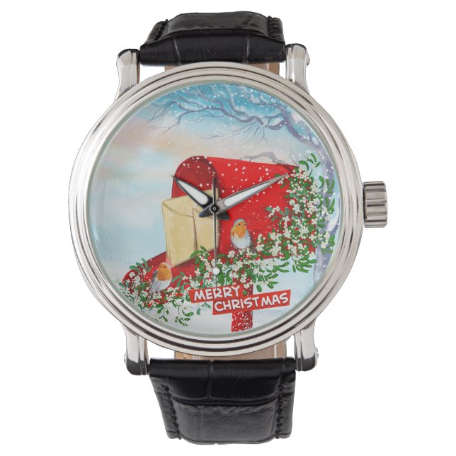 Snow Winter Christmas Birds And Red Post Box  Mens Watch (Front)