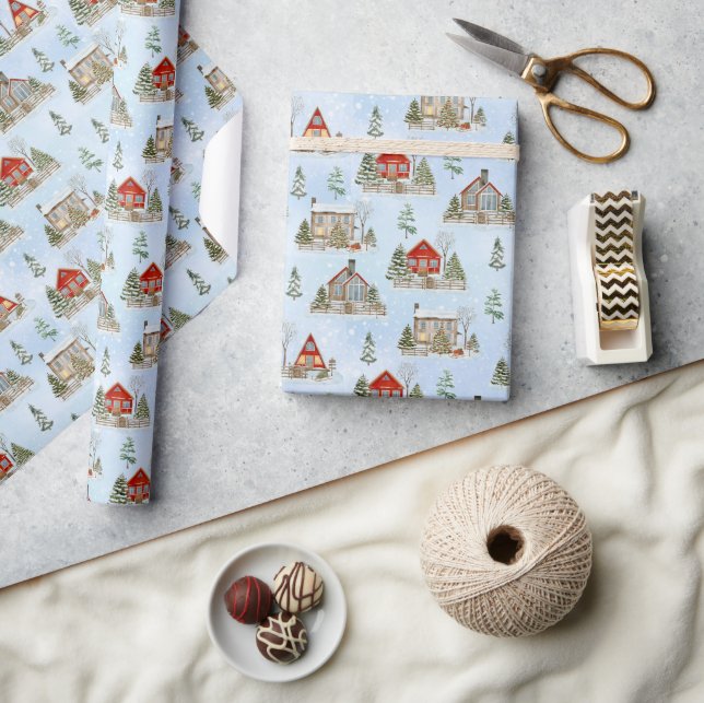 Snow Winter Cottage Fir Trees Christmas  Wrapping Paper (Crafts)