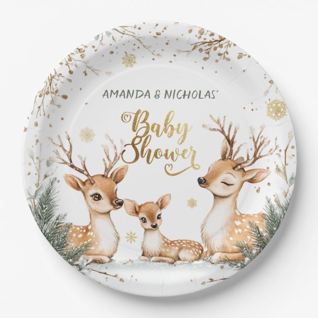 Snow Winter Deer Baby Shower Paper Plate (Front)