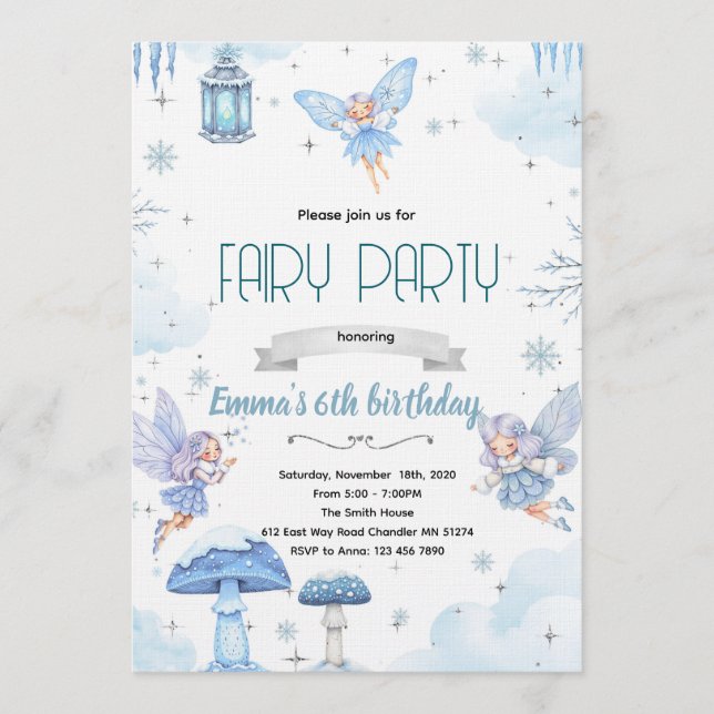 Snow winter fairy party invitation (Devant)