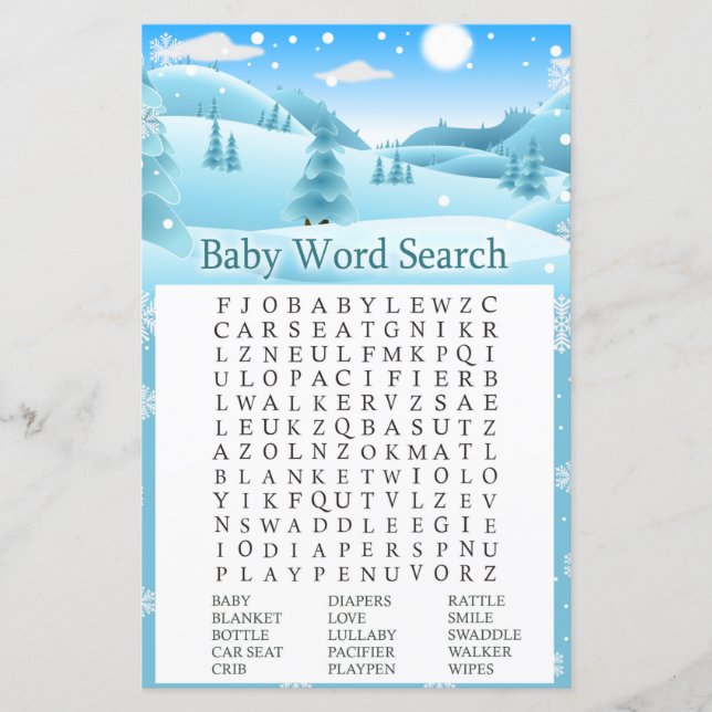 Snow Winter Forest Baby Shower Word Search Game (Front)