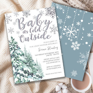 Snow Winter Forest Watercolor Grey Baby Shower Invitation