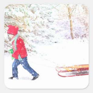 Snow winter sled boy christmas holidays square sticker