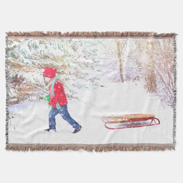 Snow winter sled boy christmas holidays throw blanket (Front)