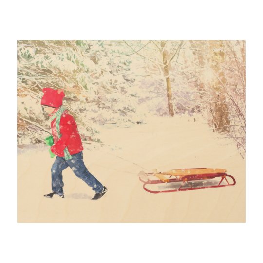 Snow winter sled boy christmas holidays wood wall decor