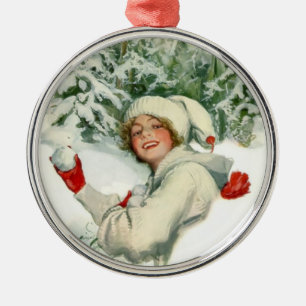 Snowball Fight (by Harrison Fisher) Metal Ornament