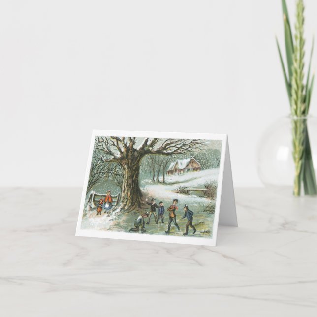 Snowball Fight Vintage Victorian Christmas Holiday Card (Front)