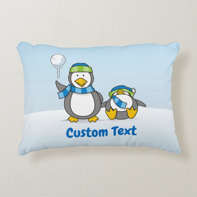 Snowballing penguins decorative pillow (Front)