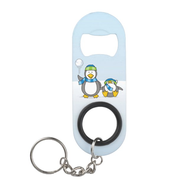 Snowballing penguins keychain bottle opener (Front)