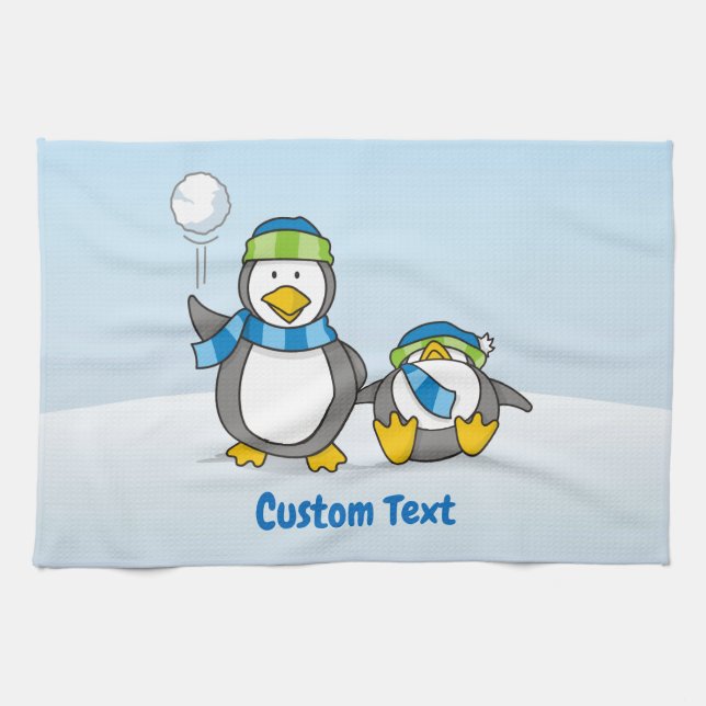 Snowballing penguins kitchen towel (Horizontal)