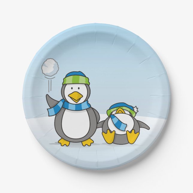 Snowballing penguins paper plate (Front)
