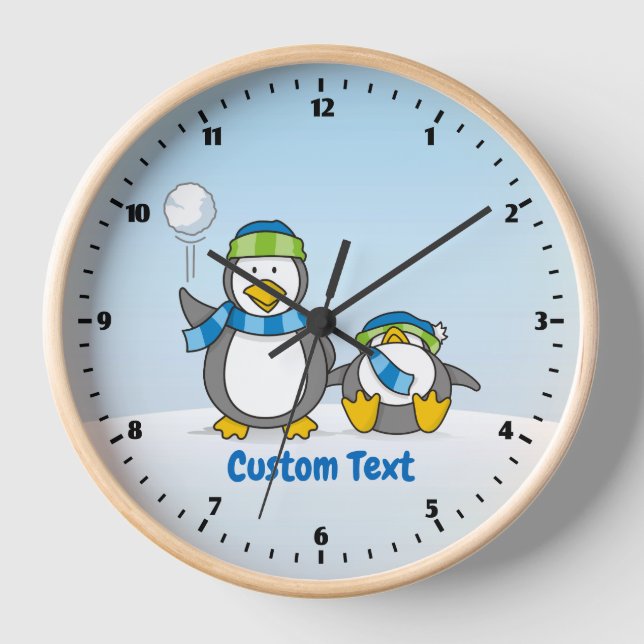 Snowballing penguins wall clock (Front)