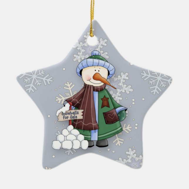 Snowballs for Sale Whimsical Snowman Ceramic Ornament (Front)