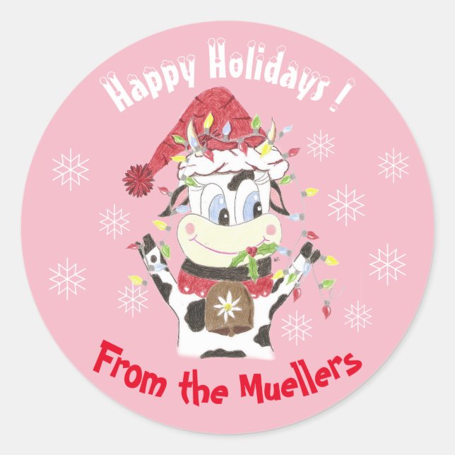 Snowbell the cow -Happy Holidays pink stickers (Front)