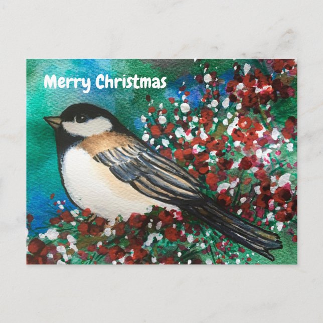 Snowberries Chickadee Forest Merry Christmas Postcard (Front)