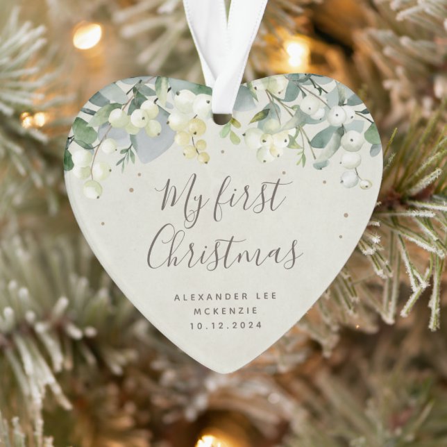 Snowberry Baby's First Christmas Photo Heart Ornament (Tree)