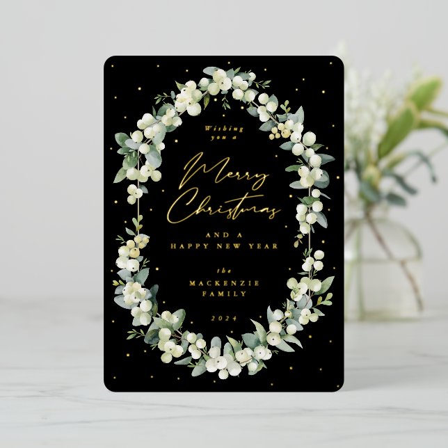 Snowberry+Eucalyptus Botanical Frame Christmas Foil Holiday Card (Standing Front)