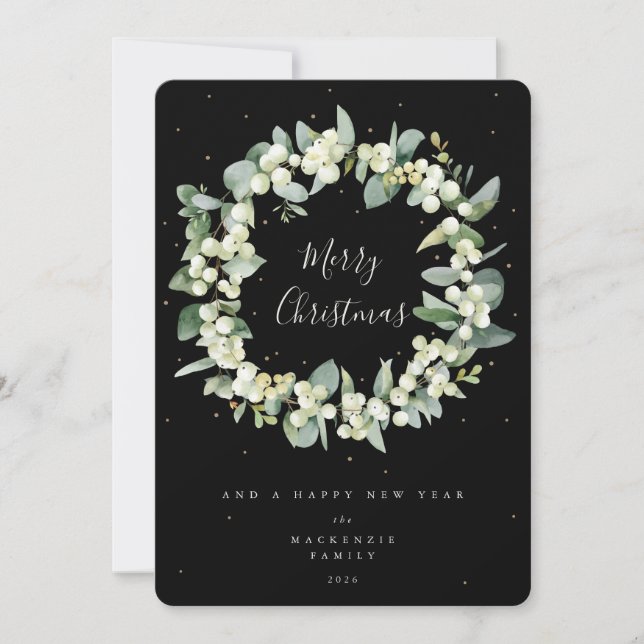 Snowberry + Eucalyptus Christmas Wreath Non-Photo Holiday Card (Front)