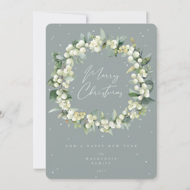 Snowberry + Eucalyptus Christmas Wreath Non-Photo Holiday Card (Front)
