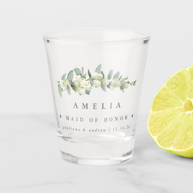 Snowberry & Eucalyptus Personalized Wedding Party Shot Glass (Front)