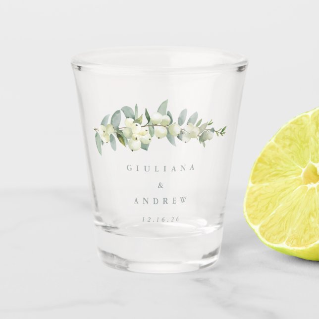 Snowberry & Eucalyptus Personalized Wedding Shot Glass (Front)