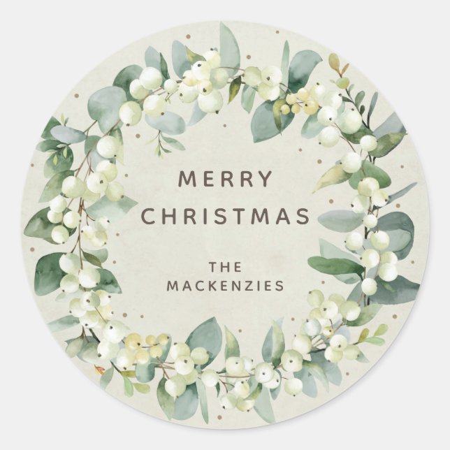 Snowberry+Eucalyptus Wreath Custom Holiday Message Classic Round Sticker (Front)