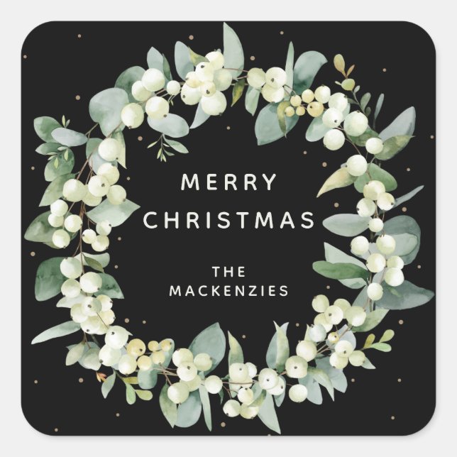 Snowberry+Eucalyptus Wreath Custom Holiday Message Square Sticker (Front)