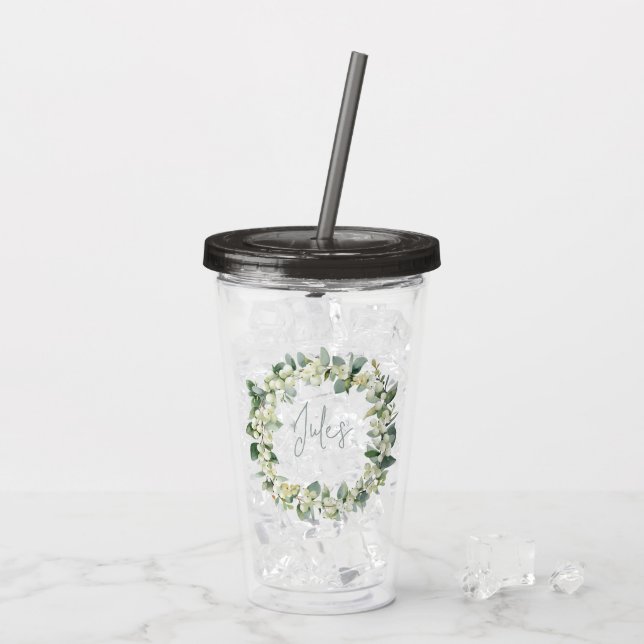 Snowberry & Eucalyptus Wreath Personalized Wedding Acrylic Tumbler (Back Ice)