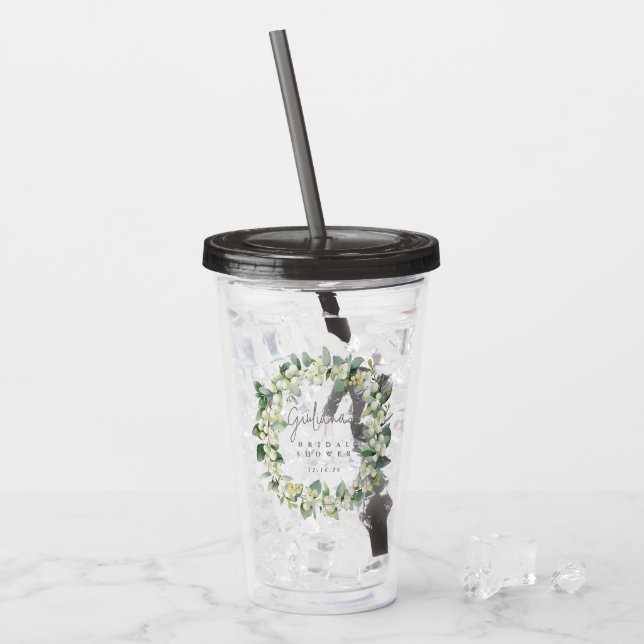 Snowberry & Eucalyptus Wreath Personalized Wedding Acrylic Tumbler (Front Ice)