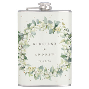 Snowberry & Eucalyptus Wreath Personalized Wedding Hip Flask