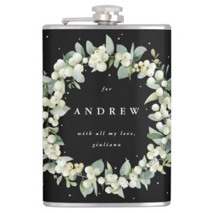 Snowberry & Eucalyptus Wreath Personalized Wedding Hip Flask