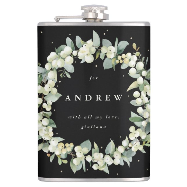 Snowberry & Eucalyptus Wreath Personalized Wedding Hip Flask (Front)