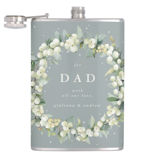 Snowberry & Eucalyptus Wreath Personalized Wedding Hip Flask (Opened)