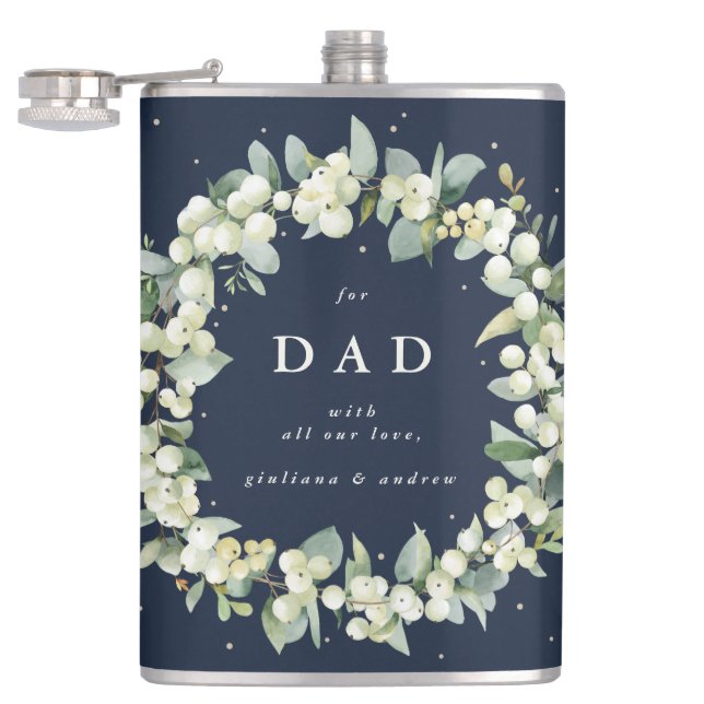 Snowberry & Eucalyptus Wreath Personalized Wedding Hip Flask (Opened)