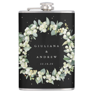 Snowberry & Eucalyptus Wreath Personalized Wedding Hip Flask